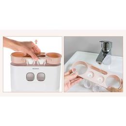 Dozator, dispenser pasta de dinti multifunctional cu suport magnetic pentru 4 pahare, 5 periute si suport accesorii de culoare roz cu alb – Maxdeco cu comanda online